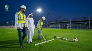 Global Standards for Sports Fields: The Complete Technical Guide for Safety, Performance, and Long Term Quality in the UAE 3 Football Pitch Construction in UAE showing professional sports field construction and artificial turf installation