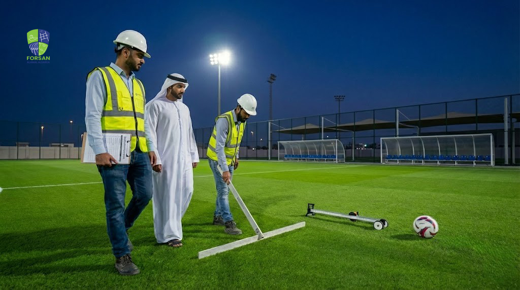 Football Pitch Construction in UAE with final handover inspection and professional football field construction by Forsan Al-Amal AlSarea