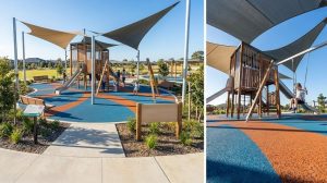Design and execution of a modern outdoor kids playground featuring two-tone EPDM rubber safety flooring, contemporary climbing structures, swings, slides, and protective shade sail canopies