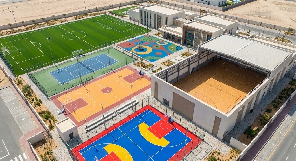 Sports Flooring artificial turf football field, acrylic tennis court, PU basketball court, EPDM soft-play area, modular tile multi-court, and a vinyl-floor indoor hall partially open.